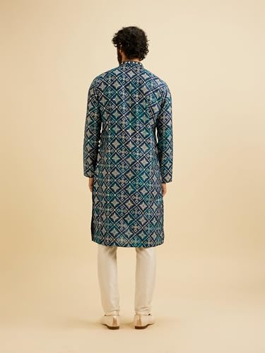 Manyavar Men's Viscose Blend Ethnic Motifs Printed Kurta Set (Blue,XXL)