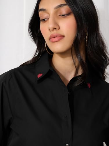 The Souled Store Hearts Women and Girls Long Sleeves Collared Neck Button Front Solid Black Regular Fit Cotton Shirts
