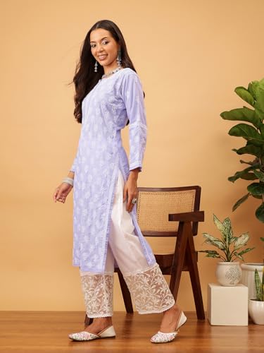 Ada Hand Embroidered Lucknowi Chikankari Mauve Cotton Kurta Kurti for Women A411707 (4XL)