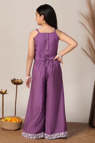 Fashion Dream Girl's Silk Blend Ethnic Top and Palazzo Set |Kids Salwar Suit Set|Embroidered Suit for Girls|Indo Western Set (FDGSET00229 PRP 32_Purple_9-10 Years)