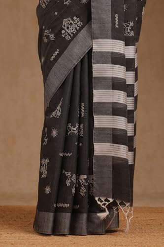Soch Womens Charcoal Chanderi Warli Print Saree With Thread Work