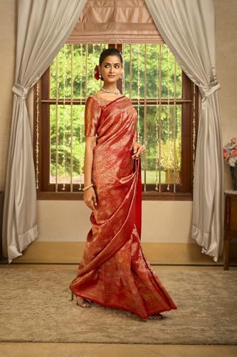 Taneira Women Red Pure Silk Cutwork Banaras Saree with Unstitched Blouse Piece (SAPH04AC5869-Red)