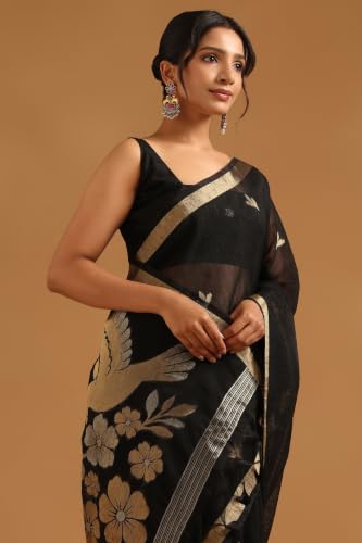 Soch Womens Black Organza Botanical Zari Woven Saree