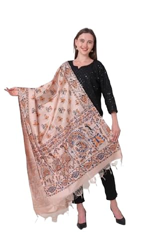 DESI PALETTE Stylish Hand Block Madhubani Printed Tussar Muga Silk Dupatta for Womens & Girls | Lightweight & Comfotable Traditional Dupatta (Golden Blue Orange_2.4 Meters)