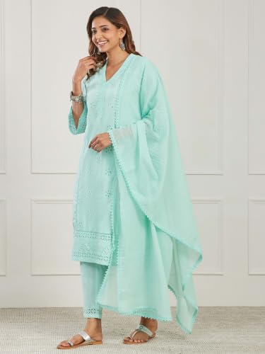 BIBA Solid Cotton Straight Casual Kurta With Pant And Dupatta