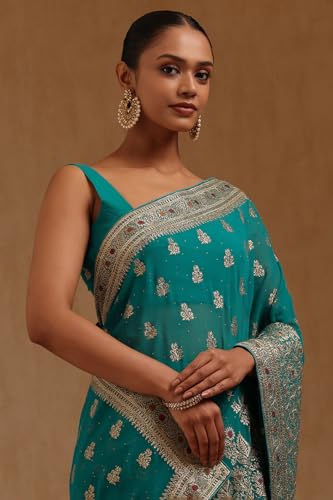 Soch Womens Turquoise Blue Georgette Embroidered Saree With Zari