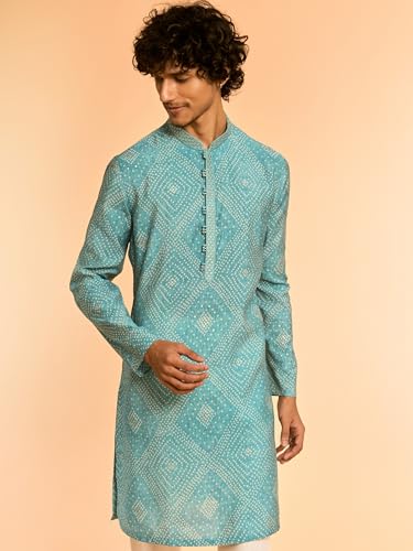 DIWAS BY MANYAVAR Men's Viscose Bandhani Print | Embroidered Neck Kurta Set (Turquoise Blue,XL)