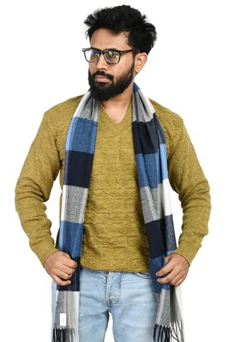 MANRA Men's Woolen Printed Striped, Check Soft & Warm Muffler, Scarf For Winter (MEN MUFFLER THICK CHECK/SKY BLUE-WHITE)