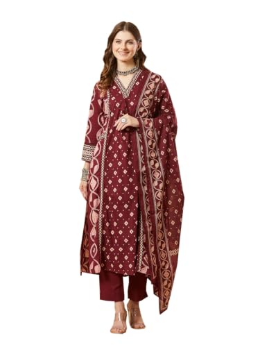 Divena Maroon Cotton V-Neck A-Line kurta Pant set With Dupatta