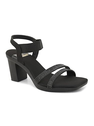 XE Looks Black Women’s Trendy Block Heel Sandals | Embellished Double Strap Ankle Strap Heels with Cushioned Footbed | Party & Casual Occasion | For Women & Girls