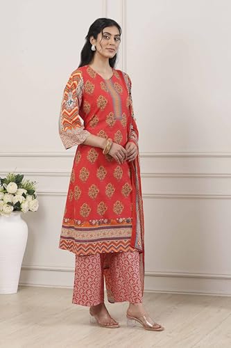 Biba Women Red Cotton Straight Suit Set_32