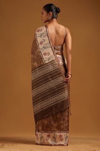 Soch Womens Brown Tussar Botanical Saree