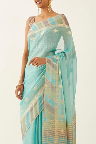 Taneira Women Blue Tissue Georgette Woven Saree with Unstitched Blouse Piece (SPG07J00040-Blue)