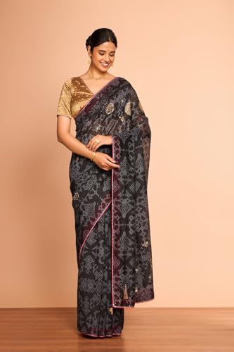 Taneira Women Black Printed Embroidered Pure Silk Cotton Saree with Unstitched Blouse Piece (SAIP03AC2558-Black)
