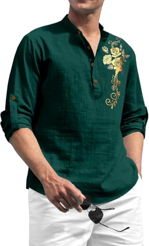 Zombom Men's Cotton Polyester Blend Mandarin Collar Self One Design Printed Full Sleeve Casual Short Kurta Shirt Green