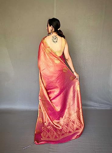 Panzora Women's Tissue Silk Jacquard Weaving Pink Saree With Unstitched Blouse Piece