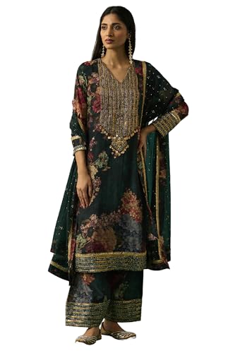 Wishful Women's Green Floral Printed Embellished Straight Kurta with Salwar and Dupatta Set - (SP12851-126770-S)
