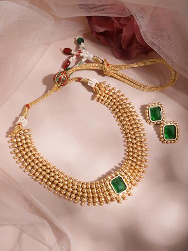 Rubans 22K Gold-Plated Handcrafted Artificial Jewelry Set with Emerald Stone Studded & Matching Earrings For Women and Girls – Perfect for Weddings and Special Occasions