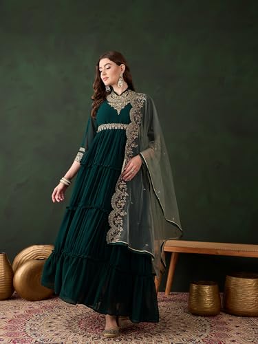 Miss Ethnik Women's Green Faux Georgette Stitched Top With Dupatta Full Sleeve Embroidered Anarkali Gown (MEY-156-Green-XXL)