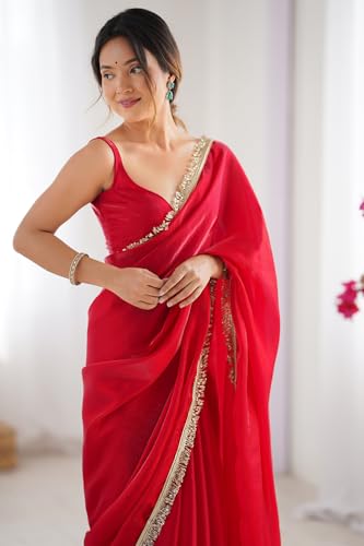 SGF11 Women's Fandy Satin Soft Silk and Sequence Handwork Lace Border Saree With Unstiched Blouse Piece (Pink)