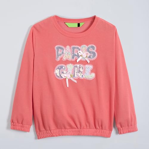Hopscotch Girls Peach Full Sleeves 2-Pc Sequin Embellished Jogger Set For Age (4-5 Years)