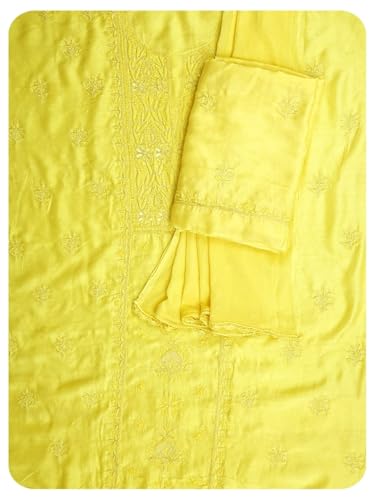 Ada Hand Embroidered Lucknowi Chikankari Unstitched Muslin Dress Material Suit Piece with Dupatta for Women with Zari Work 01A795829 Lemon