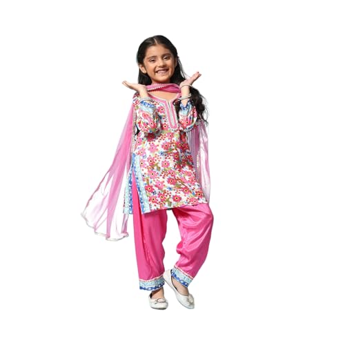 BIBA Printed Viscose Straight Fit Girls Kurta Salwar Dupatta Set (PINK, 4-5Y)