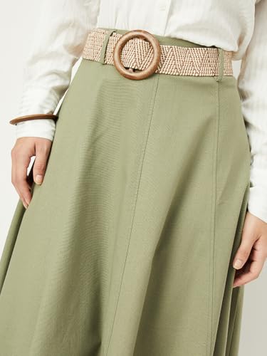 Max Women Solid A-line Belted Skirt (Green_XS)