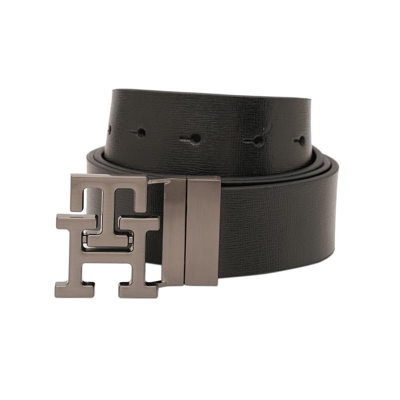 Tommy Hilfiger Men's Phnom Reversible Leather Belt - Textured Black Style With Th Monogram And Brushed Gunmetal Finish - Semi-Formal Versatility | Size L - 100 CM | Ideal for Gifting