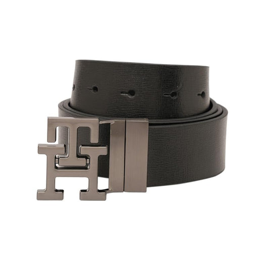 Tommy Hilfiger Men's Phnom Reversible Leather Belt - Textured Black Style With Th Monogram And Brushed Gunmetal Finish - Semi-Formal Versatility | Size L - 100 CM | Ideal for Gifting