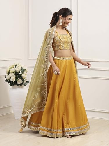 BIBA Women Yellow Cotton Zari Tissue Regular Lehenga Set_36