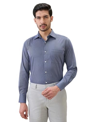 Raymond Men Regular Fit Stripe Pattern Pure Cotton Cut Away Collar Full Sleeve Formal Shirt Blue
