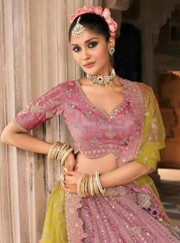 Designer Bridal Lehenga Choli Set, Pink and Yellow Ombre with Embroidery