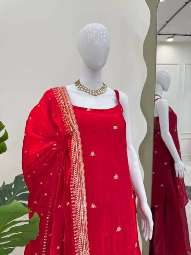 CLOTHRED HVJ Women's Red Satin Embroidered Kurta Set with Dupatta and Palazzo Pants | Festive Ethnic Suit for Women (IN, Alpha, XS, RED)