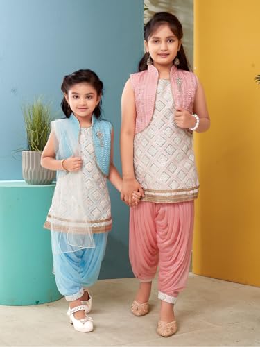 Aarika Girls Ethnic Wear White-Peach Colour Sequin Embroidery Lace Work Silk Kurti Patiala With Jacket (4-10 Years)