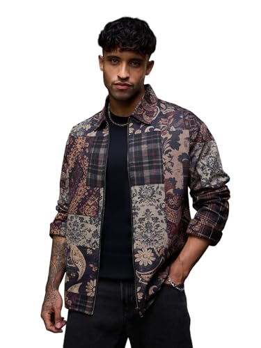 The Souled Store Patch Play Men and Boys Full Sleeves Spread Collar Dark Blue and Beige Patchwork Cotton Oversized Fit Winter-Ready Lightweight Shackets