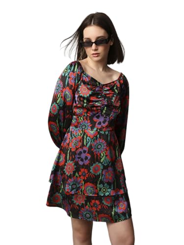 ONLY Women Floral Printed Fit and Flare Casual Dress Jet Black