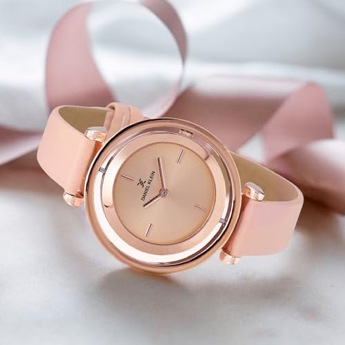 Daniel Klein Analog Round Dial Rose Gold Case Beige Leather Strap Water-Resistant Wrist Watch for Women Girls, Ladies DK11430-4