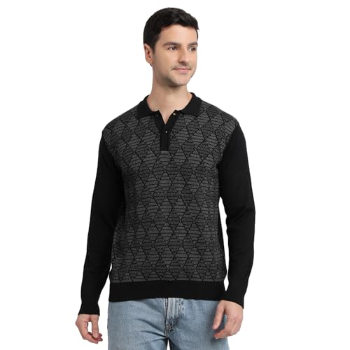 Raymond Men Contemporary Fit Argyle Pattern Merino Wool Acrylic Blend Polo Neck Full Sleeve Casual Sweater Black