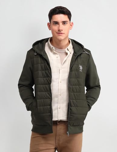 U.S. Polo Assn. Denim Co. Men's Green Solid Hooded Long Sleeve Casual Polyester Regular Fit Quilted Jacket (UDJCK1408_Green_L)