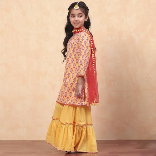 BIBA Girls Yellow Straight Cotton Printed Kurta suit set
