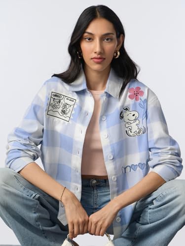 The Souled Store Peanuts: Gurgle Women and Girls Long Sleeves Collared Neck Button Front Embroidered Cotton Oversized Fit Lightweight Casual Streetwear Typography Printed Shackets