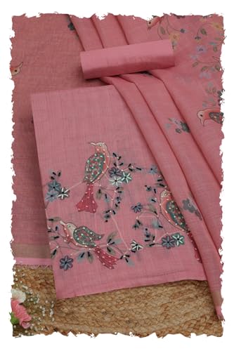 Soch Womens Blush Pink Linen Shimmer Bird Motif Unstitched Dress Material With Thread Work