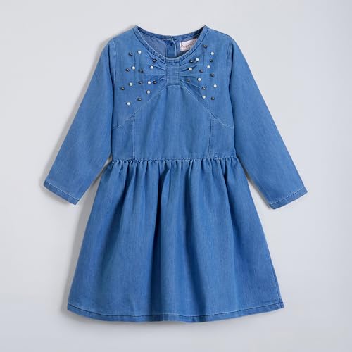 Hopscotch Girls Blue Full Sleeves Beads Embellished Dress with Bag for Age (3-4 Years)
