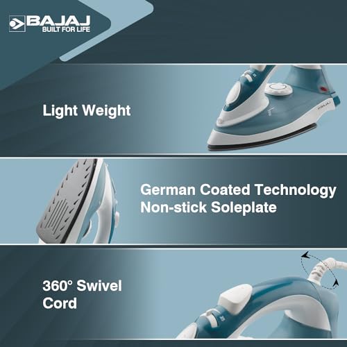 Bajaj MX 3 Neo Steam Iron | 1250 Watts Power For Faster Ironing | Vertical & Horizontal Ironing | Spray Function | Anti-Bacterial & Non-Stick Soleplate Coating | 2-Yr Warranty By Bajaj 【Blue】