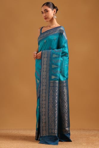 Soch Womens Turquoise Blue Silk Blend Zari Woven Saree