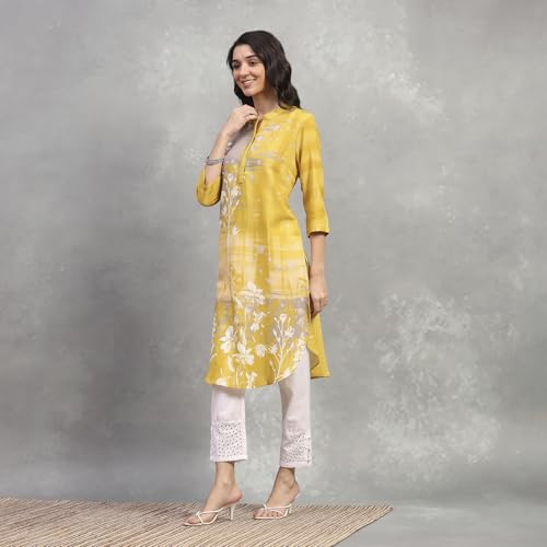 Rangriti Women's Viscose Rayon Printed Straight Kurta (RROZ25123AW25YEL_Yellow