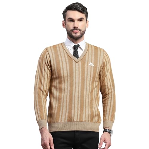 Monte Carlo Mens Striped Beige V Neck Full Sleeve Pullover Sweater (1243196VN-2-44)