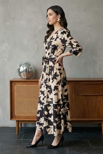 Aurelia Women’s Beige Floral Printed Flared Western Dress - (A16322-510127-L)