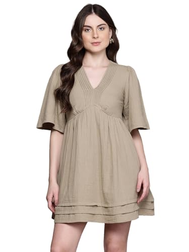 Label RITU KUMAR V Neck Solid Short Dress Olive